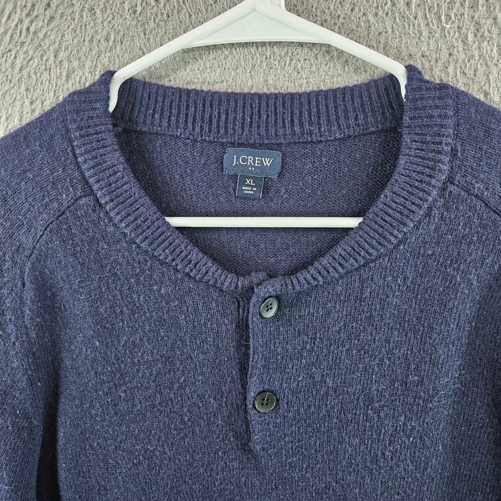 J.Crew Mens XL Navy Blue Lambswool Blend Henley‎ Sweater Raglan Sleeve Knit